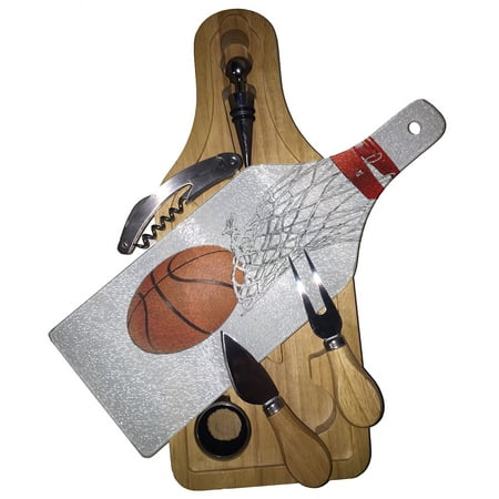 KuzmarK Wine & Cheese Glass Cutting Board Wood Box Gift Set - Basketball Hoop