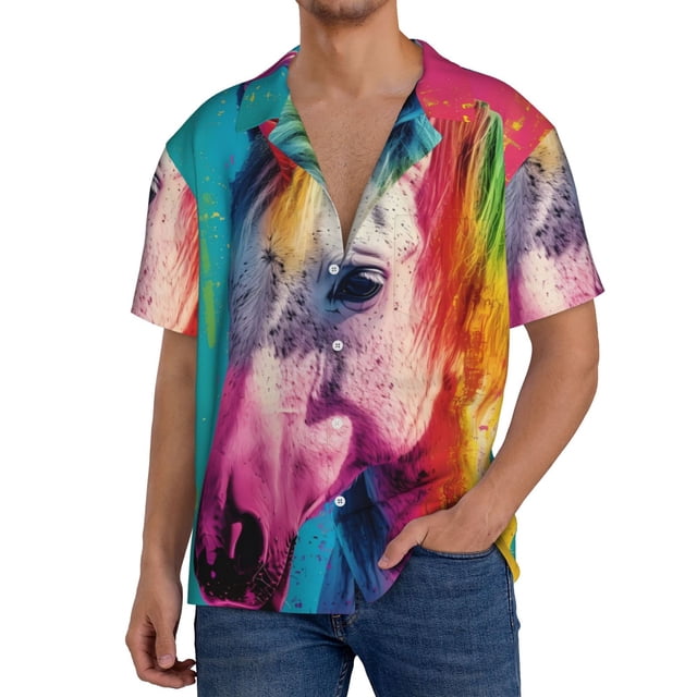 Fotbe Watercolor White Horse Camisa Estampada de Manga Corta para Hombre, Casual de Verano, Estilo Playero, Sin Arrugas-Large