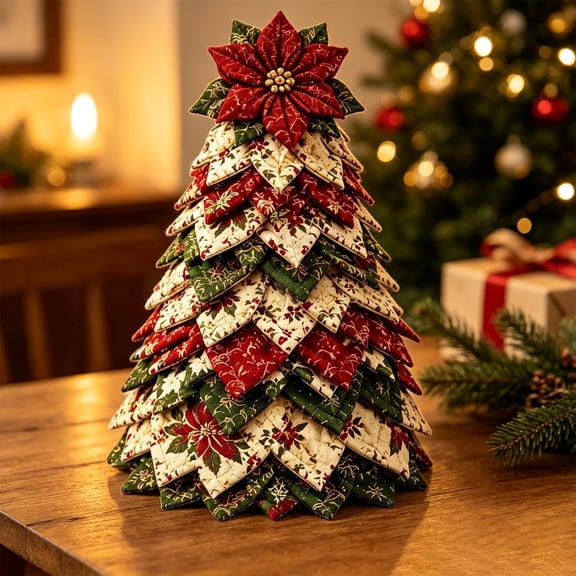 DIY Quilted Christmas Tree Kit, Brown Fabric Patchwork Sewing Craft Set for Handmade Holiday Tabletop Decor and Christmas Home Decoration