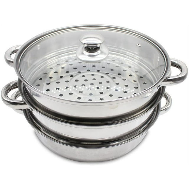 High Quality 3 Tier Stainless Steel Steamer Pot Set 28cm + Glass Lid