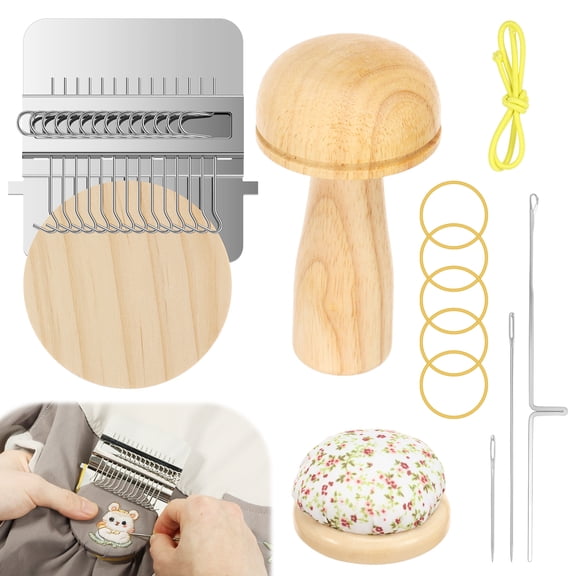 Mini Darning Loom,Mushroom Knit Patch Kit with 14 Hooks Small Weaving Loom with 5 Elastic Band Threads for Handcraft DIY Weaving Repair Tool Darning Kit for Beginners Mending Jeans Socks