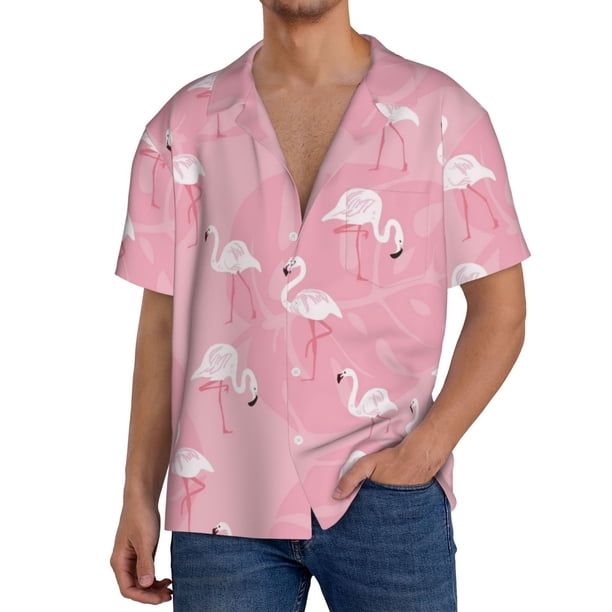 Fotbe Pink Flamingos and Flowers Camisa Estampada de Manga Corta para Hombre, Casual de Verano, Estilo Playero, Sin Arrugas-3X-Large
