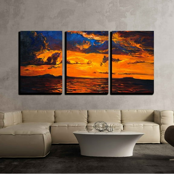 wall26 - 3 Piece Canvas Wall Art - Original Oil Painting of Ocean and Cliffs on Canvas.Rich Golden Sunset Over Ocean - Modern Home Art Stretched and Framed Ready to Hang - 16"x24"x3 Panels