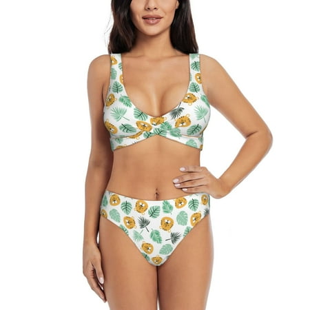Zeuib Tiger Leaves High Waisted Tummy Control Bikini Set - Knot Front Push Up Top & Cheeky Thong Bottom  Two-Piece Swimsuit for Women-Small
