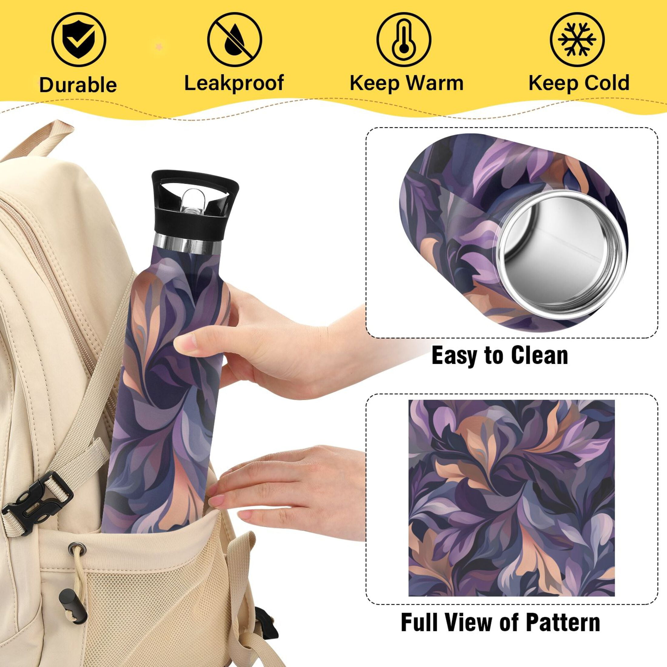 Kids Insulated Stainless Steel Sports Water Bottle 600ml (20oz) Purple Leaves