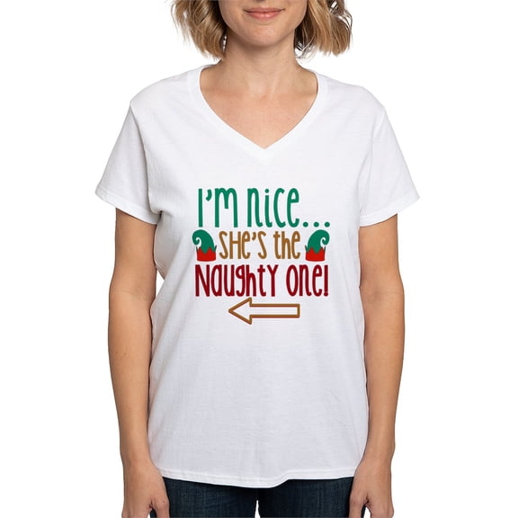 CafePress - Im Nice She's Naughty Elf Hat Women's V Neck T Shi - Womens Cotton V-Neck T-shirt