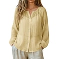 thumbnail image 2 of Gauze Shirts for Women Cotton Linen Beach Cover up Long Sleeve V Neck Button Down Crinkle Breathable Summer Khaki L, 2 of 7
