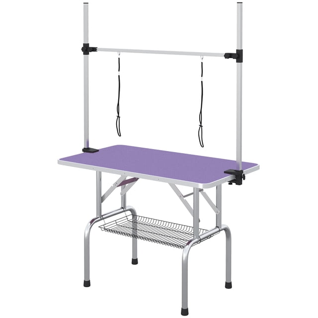 PawHut Adjustable Dog Grooming Table with 2 Safety Slings, Storage Basket, Purple