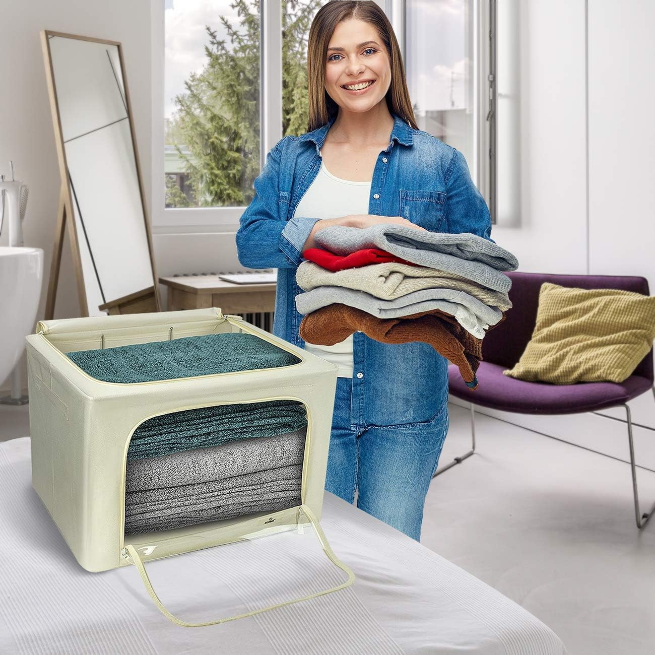 Sorbus Jumbo Storage Bin with Metal Frame, Stackable & Foldable with Window & Handles for Bedding, Linen, and Clothes