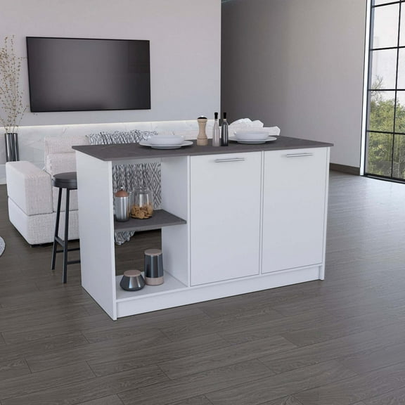 DEPOT E-SHOP Kitchen Island with Storage - Coral Kitchen Cart, Large Countertop, Shelves & Cabinet-Color:White/Brown
