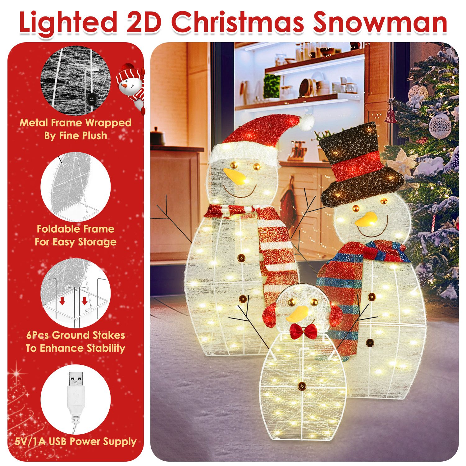Astoutdoor 3-Piece 2D Snowman Christmas Yard Decoration, Pre-Lit LED Snowman Family, White