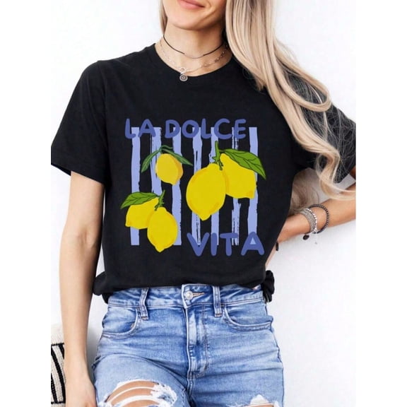 Women's Casual Lemon Graphic La Dolce Vita Print Crewneck T-Shirt