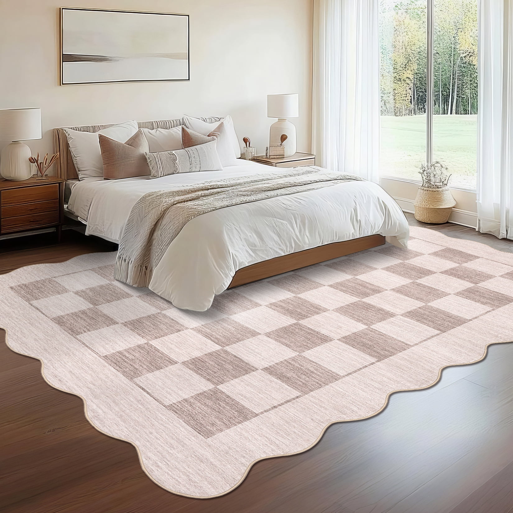 Garvee 5'x7' Scalloped Area Rugs Modern Checkered Carpet, Washable Non-Slip Rug Contemporary Floor Mats for Living Room Bedroom Dining Room, Beige Brown