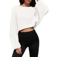 thumbnail image 3 of Women Long Sleeve Crew Neck Loose Fit Casual Cropped Sweatshirts Tops, 3 of 6