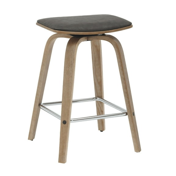 LeisureMod Square Counter Stool Upholstered in Leather with Stained Poplar Wood Frame and Chrome Iron Footrest with 360-Degree Swivel for Modern Home, Kitchen, Bars, Cafes Pelya Collection in Brown