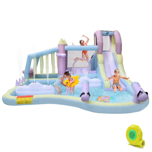 Ktaxon 10-in-1 Inflatable Water Slide Bounce House with Blower, Kiosk-Themed Area Water Park, Cloud Obstacle & Bounce Area for Kids Backyard