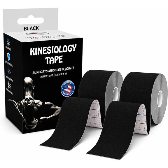 JLB Kinesiology Tape, 2 Rolls 2 in x 16 ft (32 ft Total), Waterproof Latex-Free KT Sports Tape for Knee, Shoulder, Ankle & Back, Black