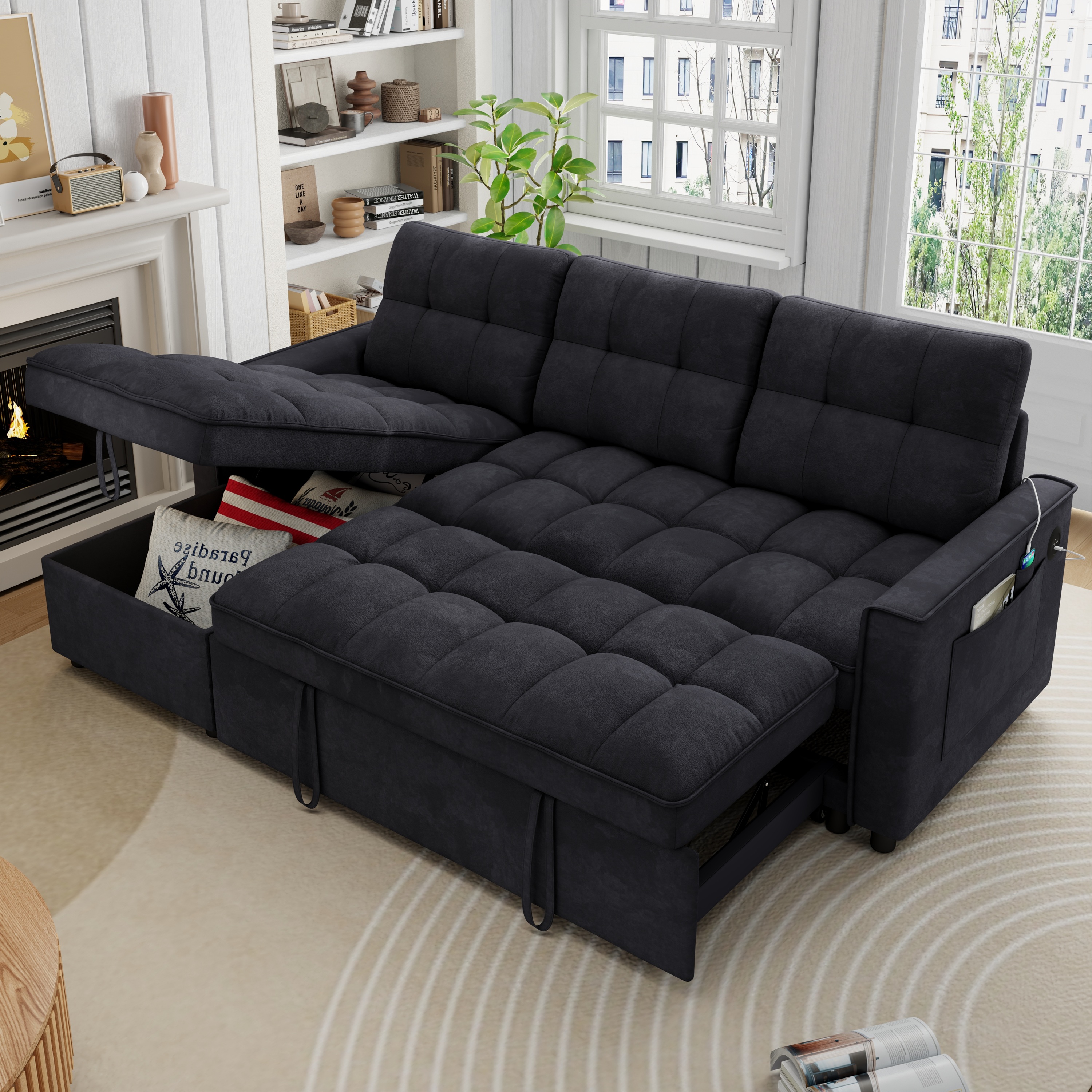 Muumblus Convertible Sofa Bed, Sectional Sleeper Sofa with Storage Chaise, L-Shaped Couch for Living Room, Black Chenille
