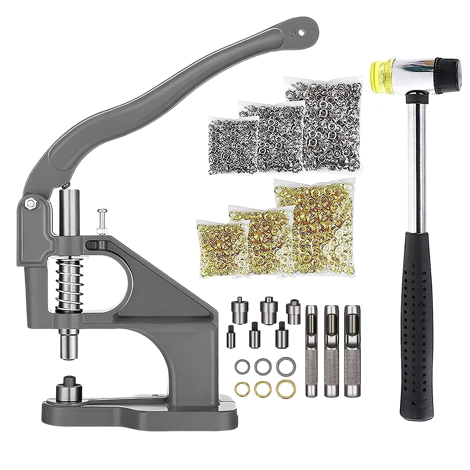 3000pcs Hand Press Grommet Machine, Heavy Duty Eyelet Grommet Machine Punch Tool Kit with Dies, Grommets, and Hammer for Snap Buttons, Rivets, Eyelets, and Pearls (Gray)