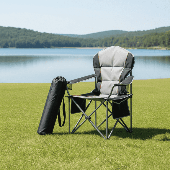 Atilioo Folding Camping Chair with Cup Holder & Cooler Bag, Portable Steel Frame Heavy Duty Padded Chair for Outdoor Garden Beach Fishing, Black
