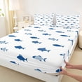 thumbnail image 4 of Castle Fairy Minimal Two-Tone Blue Fish King Sheets 4pcs,Small Scale Monochrome Aquatic Repeat Tile Bedding,Navy White,1 Fitted Sheet,1 Flat Sheet and 2 Pillowcases, 4 of 6