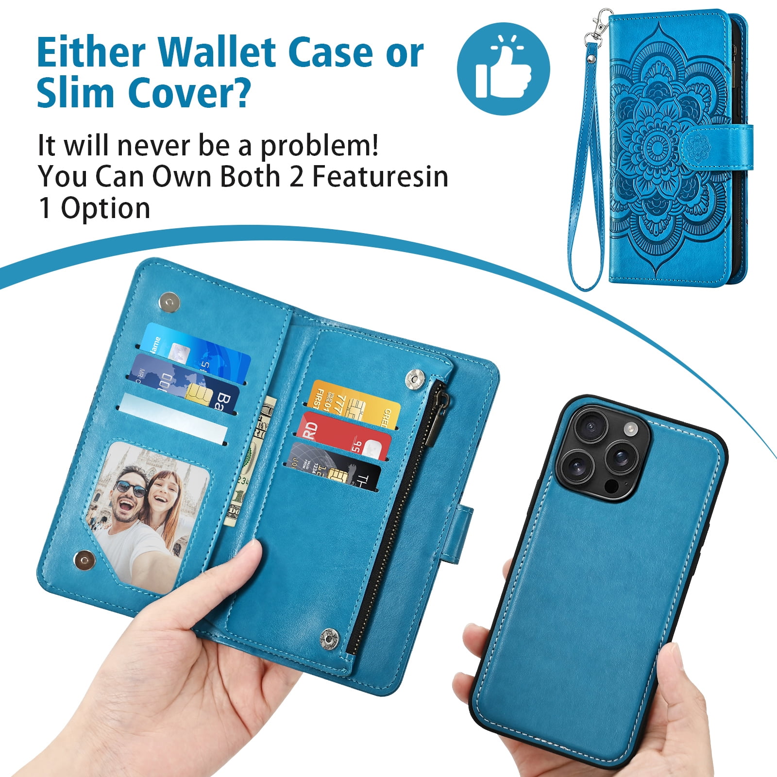 Phone Case for iPhone 16 Pro Max 6.9 inch Zipper Wallet Magnetic Detachable Cell Cover with Tempered Glass Screen Protector Crossbody Strap Flower Card Holder Slot i16 ProMax 16ProMax Women Blue