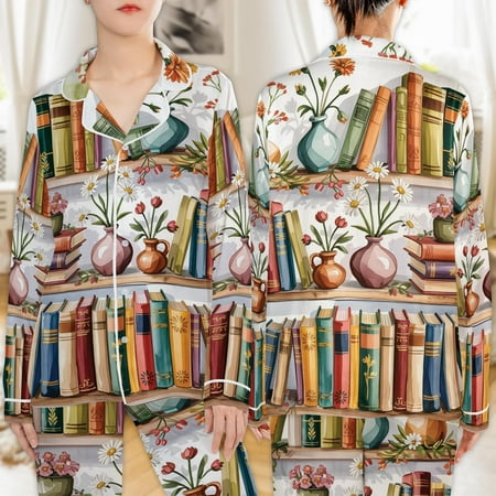 Lotusprinthandmade Book Reading All-over Print Satin Pajamas Set (XL) - Reading Graphic Pajamas