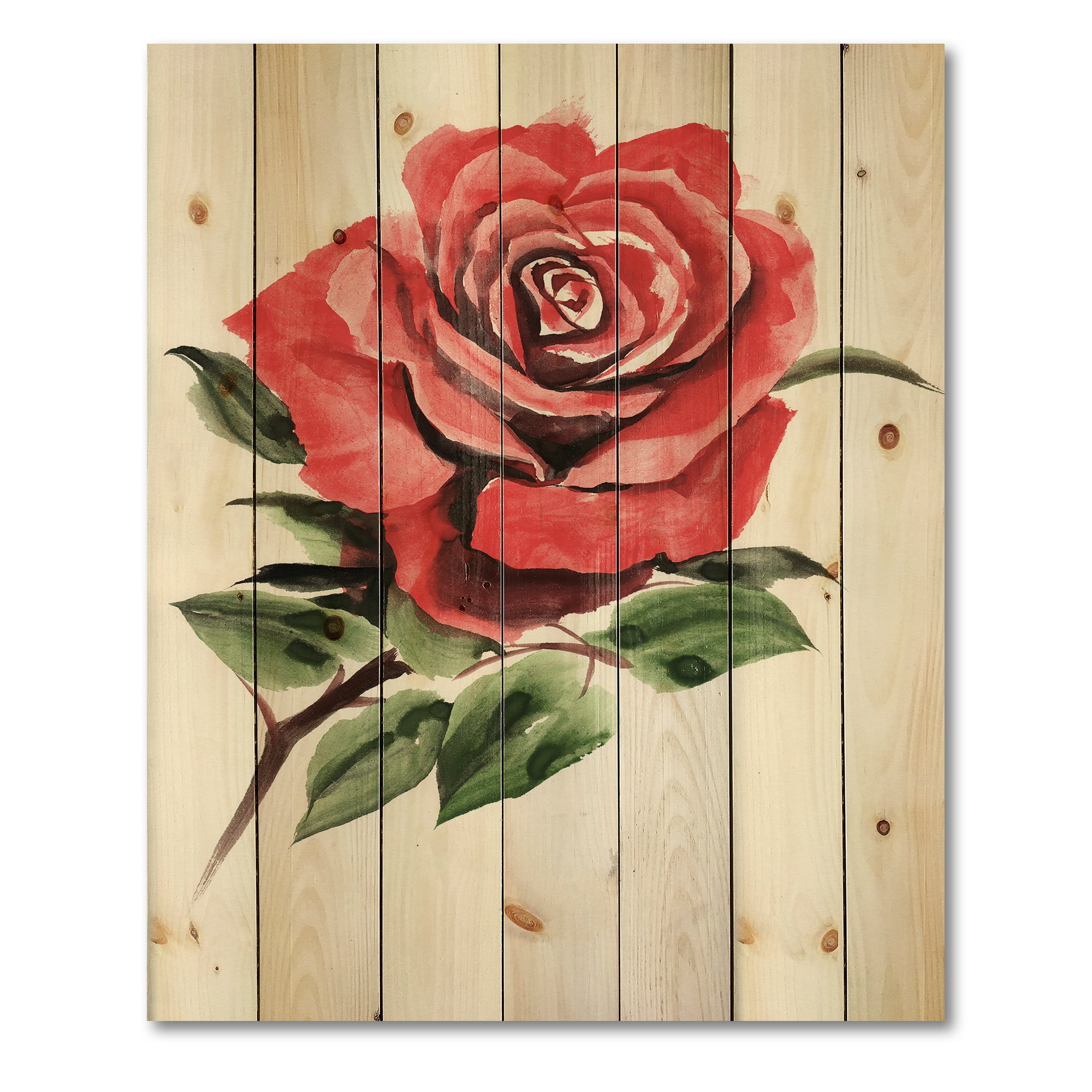 Designart 'Ancient Red Rose Flower III' Traditional Print on Natural Pine Wood