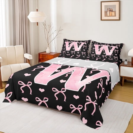 Feelyou Pink W Full Size Sheets Initial Letter Bed Sheets Bowknot Love Heart Sheet Sets Super Cozy Room Decorative 4 Piece