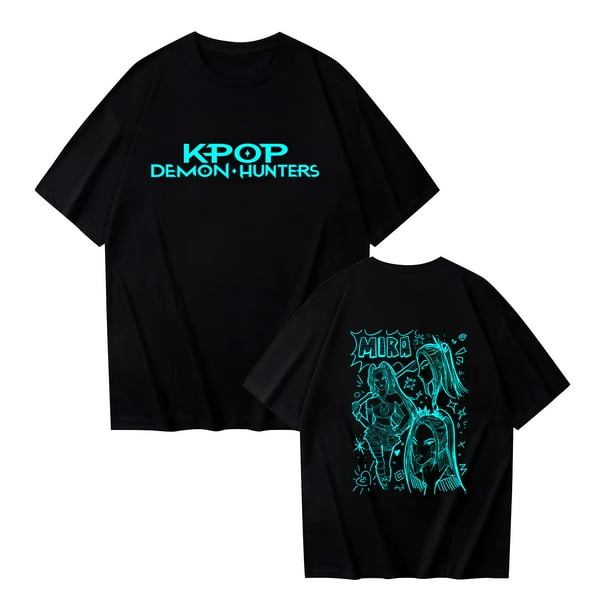 Pop cazadora para niña Demon Hunters Round-Neck Printed Anime Trio Poster T Shirt (Cyan)