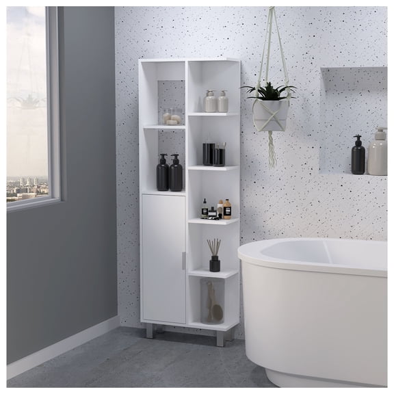 FM FURNITURE Quimby Linen Cabinet, with 1 door and 9 shelves, White   White   1   5    60 in & above   Bathroom   Modern   5 - 10 inches   Melamine   Particle Board