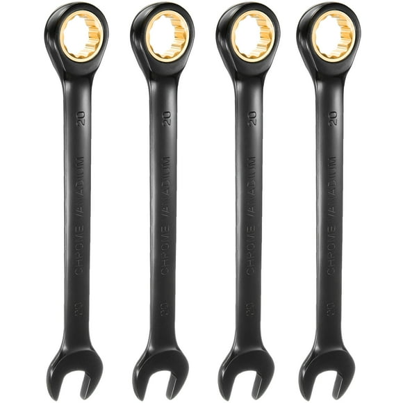 Uxcell 4Pcs Ratcheting Wrench 20mm Metric Open End Wrench 72-Teeth CR-V Steel 12 Point Nickel Plated Combination Ratchet Wrench