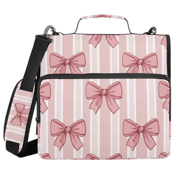 Pink Stripes Bows Binder Bag with Shoulder Strap 3 Ring Zipper Binder File Folder Document Storage