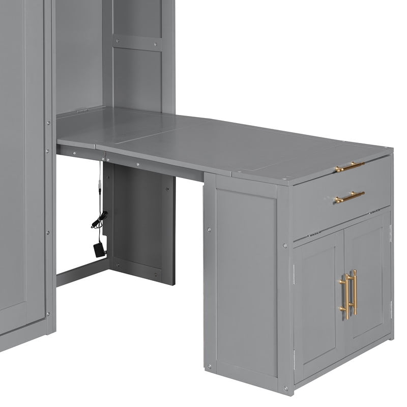 Full Size All-in-One Murphy Bed with Hidden Desk & Storage Cabinets, Foldable Platform Bed Frame with Power Outlet & LED Light