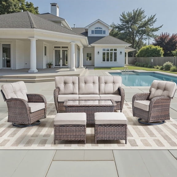 Giantfurnni 6 Piece Patio Wicker Furniture Sets, Outdoor 5" Thick Cushioned Conversation Sofa Sets with Rocking Swivel Chairs, Ottomans and Coffee Table for Backyard Porch Garden, Beige