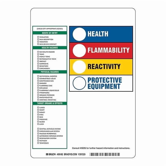Brady Rectangle HMIG Reactivity Label 10"H x 7-1/4"W, Multicolor, Pk100 99182
