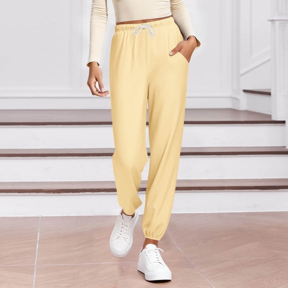 Ayolanni Stretch Summer Pants for Women Lounge Solid Jogger Pants Beige Drawstring Elastic Waist Ladies Loose Trousers with Pockets L