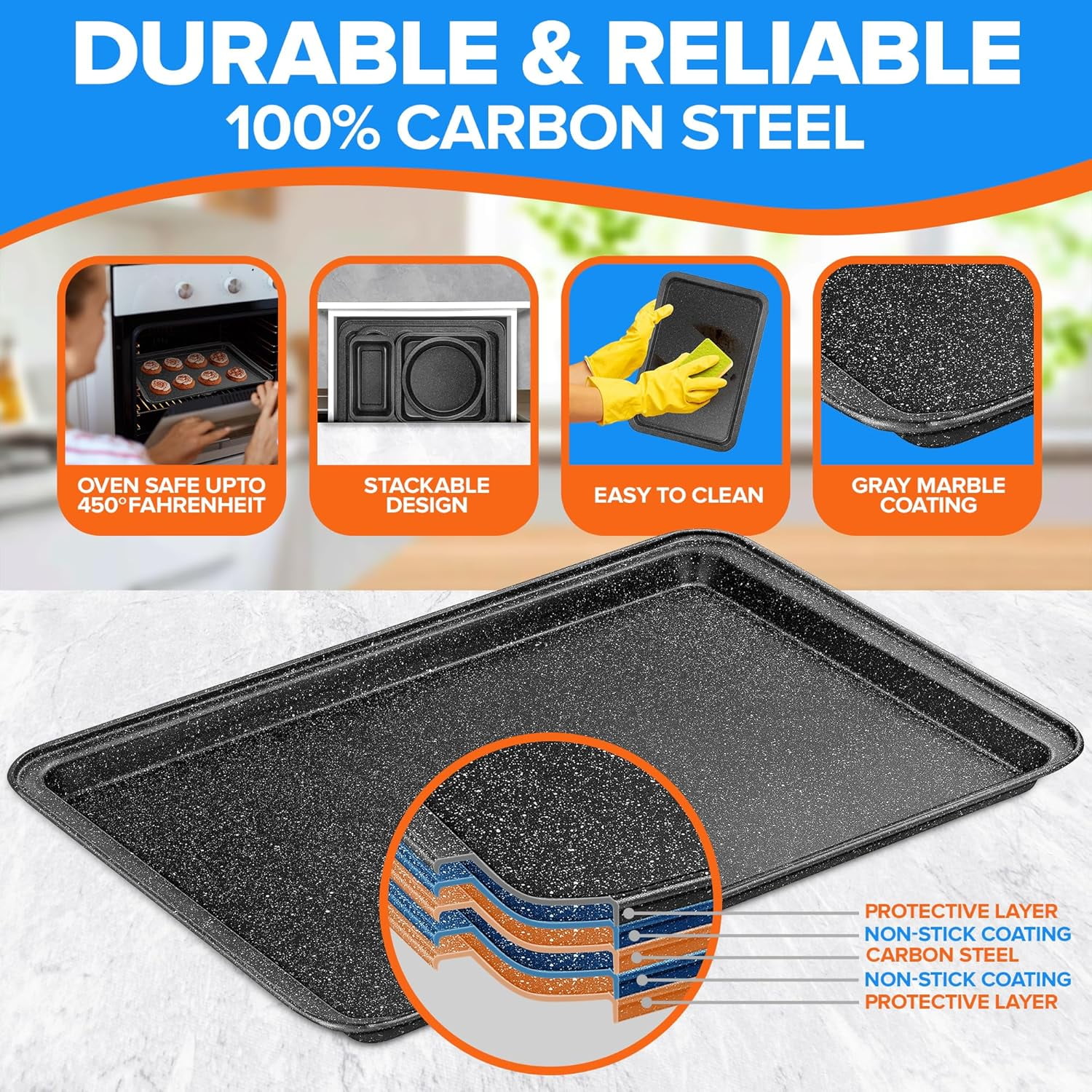10-Piece Stackable Nonstick Baking Pan Set – Gray Marble Carbon Steel Bakeware, Oven Safe to 450°F, with Recipe Booklet