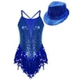 thumbnail image 3 of YONGHS Womens Sequins Tassel Ballet Gymnastic Leotard Latin Dance Jazz Fringe Bodysuit with Hat Royal Blue S, 3 of 7