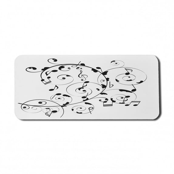 Music Computer Mouse Pad, Swirl Plant Style Treble Chef and Notes Curlicue Motifs on Plain Backdrop, Rectangle Non-Slip Rubber Mousepad X-Large, 35" x 15", White Charcoal Grey, by Ambesonne