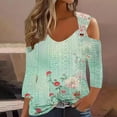 thumbnail image 2 of hxobax Sexy Cold Shoulder Tshirts Womens Eyelet Shirt Summer Floral 3/4 Sleeve Tops Basic Tee Blouse, 2 of 5