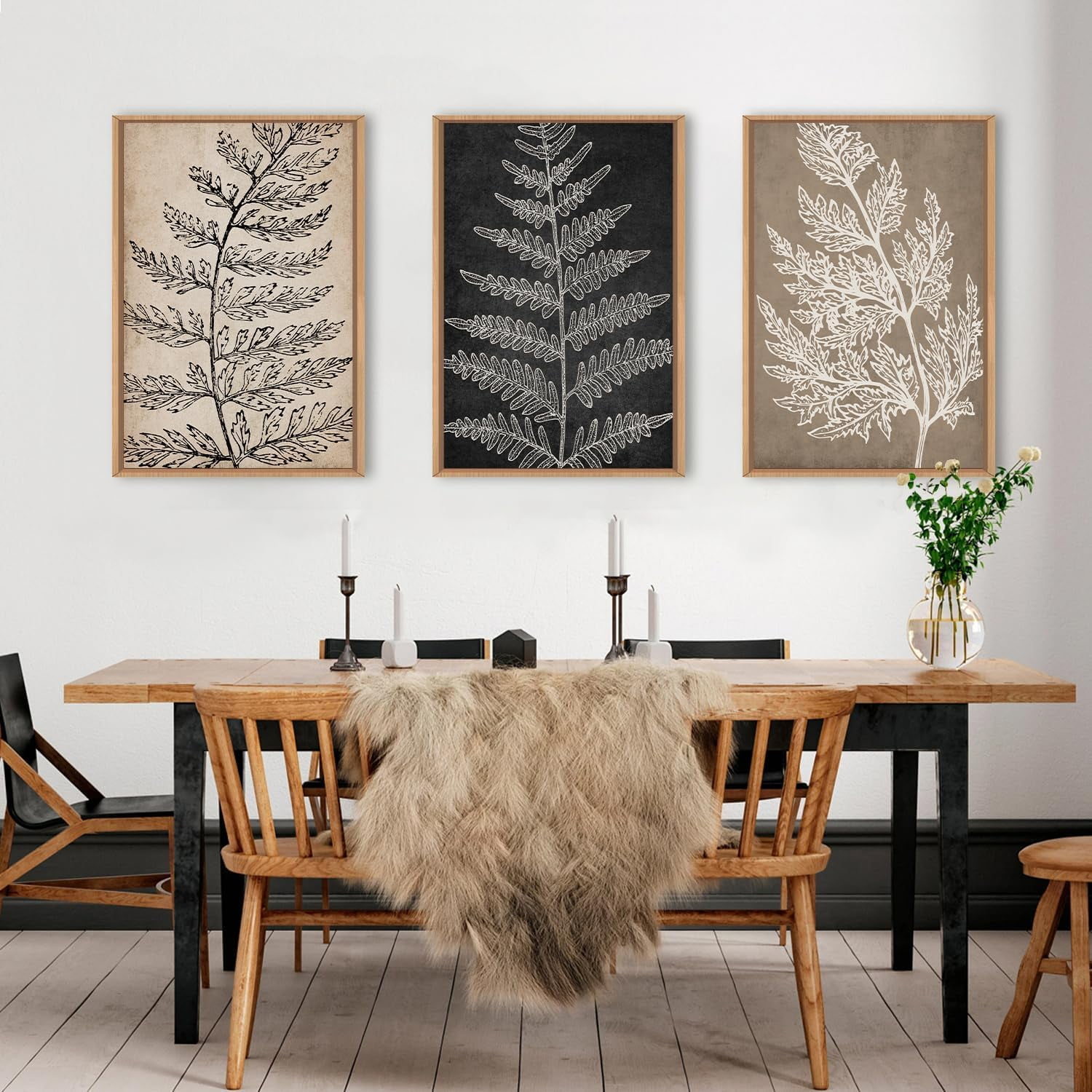 Framed Botanical Wall Art Set, Black Tan Canvas Plant Wall Decor, Minimalist Wall Painting, Abstact Modern Fern Leaf Artwork for Living Room, Bedroom, Farmhouse, Dinning Room, Office-16 x24 x3