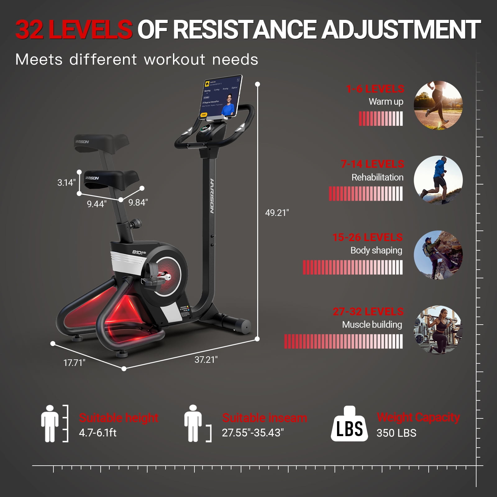 HARISON Electromagnetic Self-powered Upright Exercise Bike, 350 LBS Capacity Stationary Bike for Home with Bluetooth, 2 in 1 LED Display for Resistance Control and Data Record, 32-Level Resistance