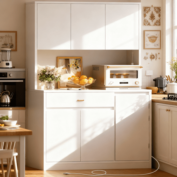 TEENFON Kitchen Pantry Cabinet with Charge Stations and LED Lights, Modern Kitchen Hutch with Microwave Stand, For Dining Room, White