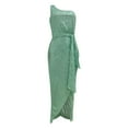 thumbnail image 4 of Vestidos de novia Prolriy para mujer, con un hombro al descubierto, lazo en la cintura, abertura, plisado, lentejuelas, vestidos largos para mujer 2024, vestidos de mujer, verde 2 XL, 4 of 5