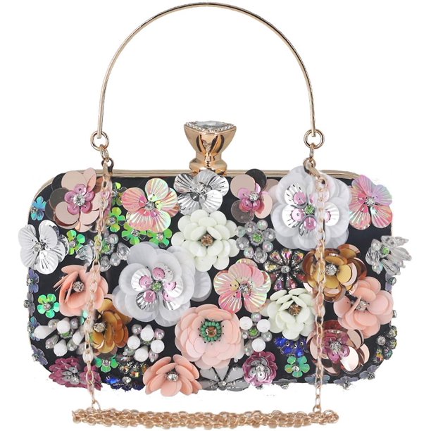 Bolsos de mano para mujer, elegantes bolsos de noche con flores y diamantes de imitación, bolsos de mano para boda, bolsos de hombro para novia, para fiestas, banquetes, bodas, color negro