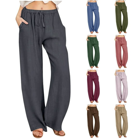 Frostluinai Women's Lounge Palazzo Pants High Waist Drawstring Wide Leg Pants Solid Coloe Baggy Cotton Linen Pants Comzy Trousers with Pocket