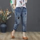 thumbnail image 3 of Pantalones vaqueros de mujer de primavera y otoño con bordado artístico roto, pantalones capri de mujer con cintura alta elástica, pantalones vaqueros holgados de talla grande para mujer, 3 of 6