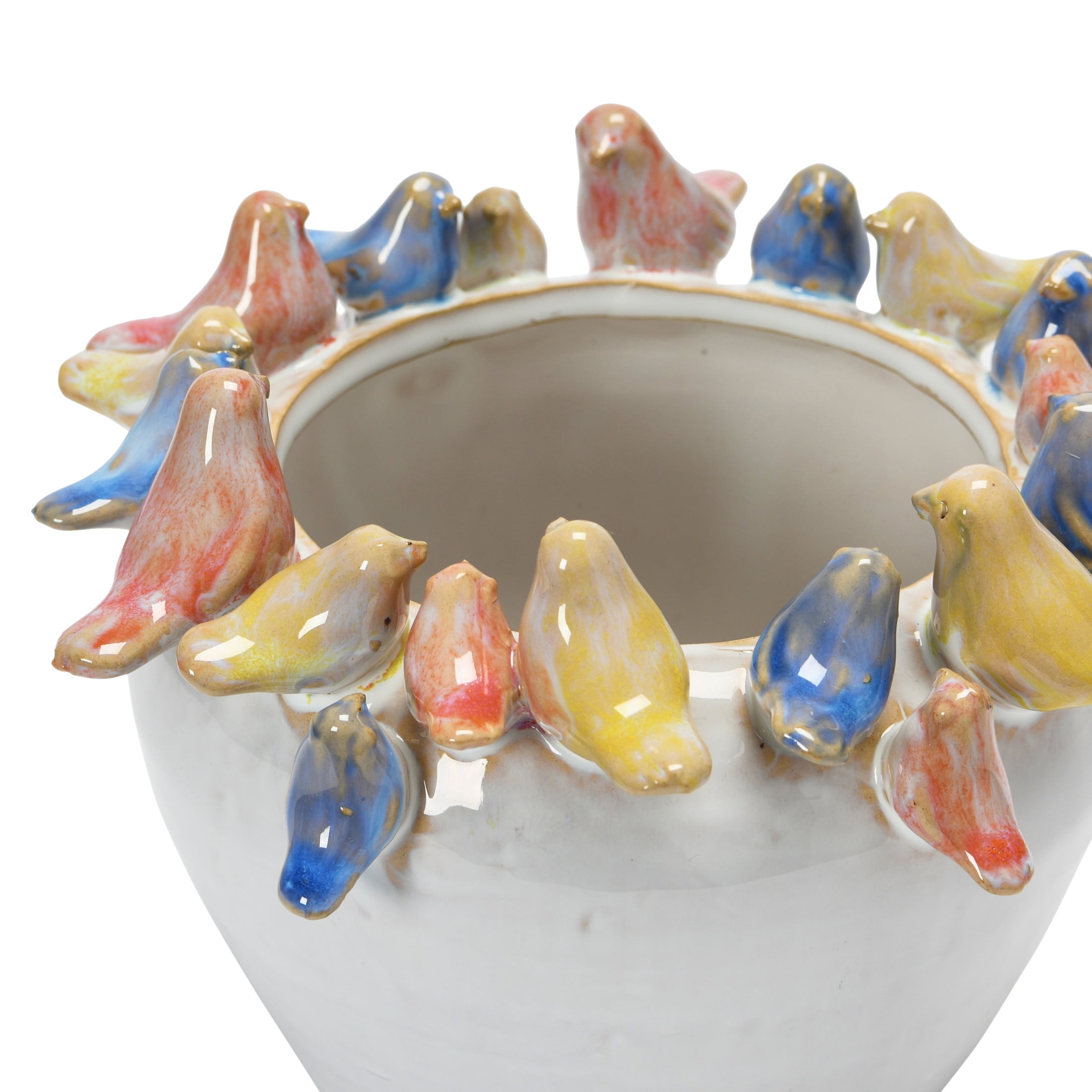 Creative Co-Op Decorative Stoneware Planter with Birds on Rim and Reactive Glaze, Multicolor