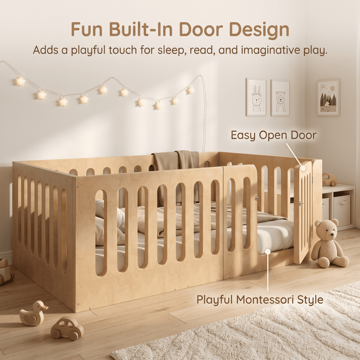 Miniyam Twin Floor Bed for Kids with Door and Guardrails, Low-Profile Wood Bed Frame, Natural